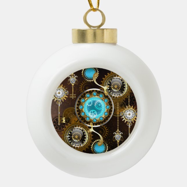Steampunk Rusty Background with Turquoise Lenses Ceramic Ball Christmas Ornament (Front)