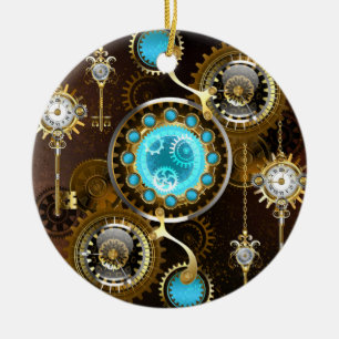 Steampunk Rusty Background with Turquoise Lenses Ceramic Ornament
