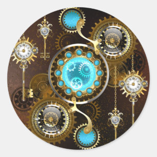 Steampunk Rusty Background with Turquoise Lenses Classic Round Sticker