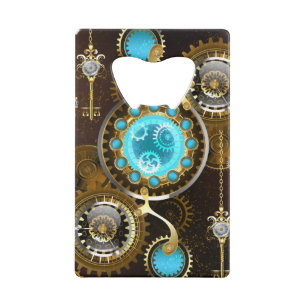 Steampunk Rusty Background with Turquoise Lenses Credit Card Bottle Opener