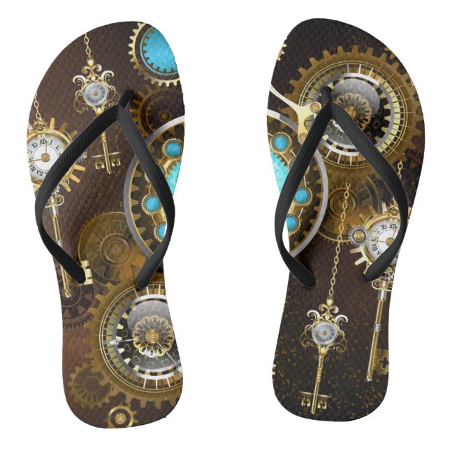 Steampunk Rusty Background with Turquoise Lenses Flip Flops (Footbed)
