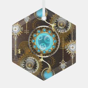 Steampunk Rusty Background with Turquoise Lenses Glass Ornament