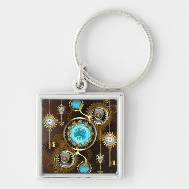 Steampunk Rusty Background with Turquoise Lenses Keychain (Front)