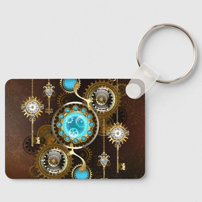 Steampunk Rusty Background with Turquoise Lenses Keychain (Front)