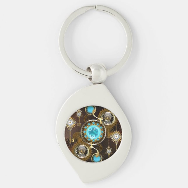 Steampunk Rusty Background with Turquoise Lenses Keychain (Front)
