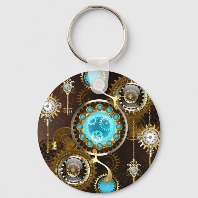 Steampunk Rusty Background with Turquoise Lenses Keychain (Front)