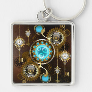 Steampunk Rusty Background with Turquoise Lenses Keychain