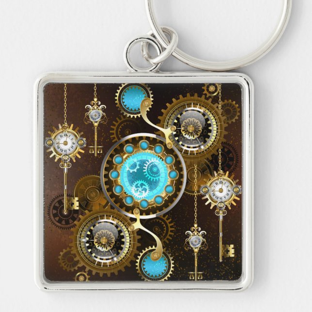 Steampunk Rusty Background with Turquoise Lenses Keychain (Front)