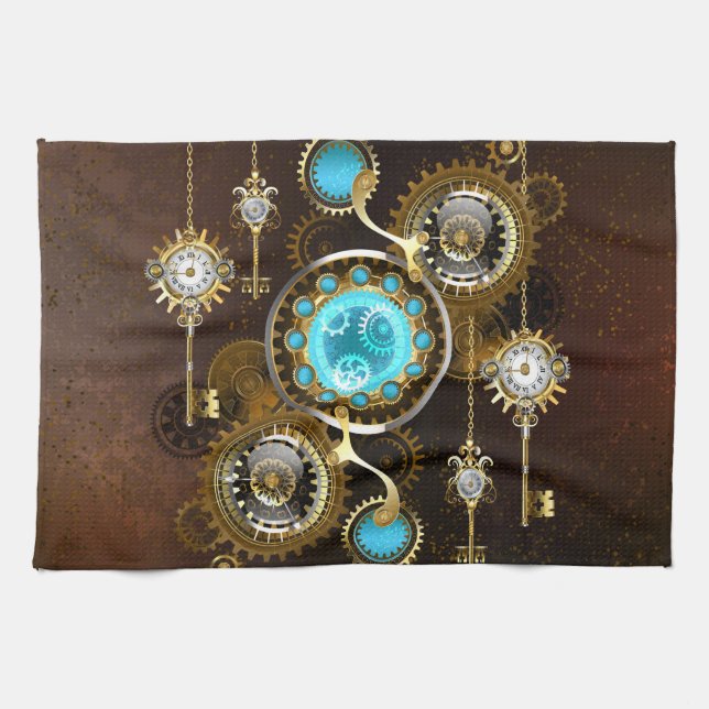 Steampunk Rusty Background with Turquoise Lenses Kitchen Towel (Horizontal)