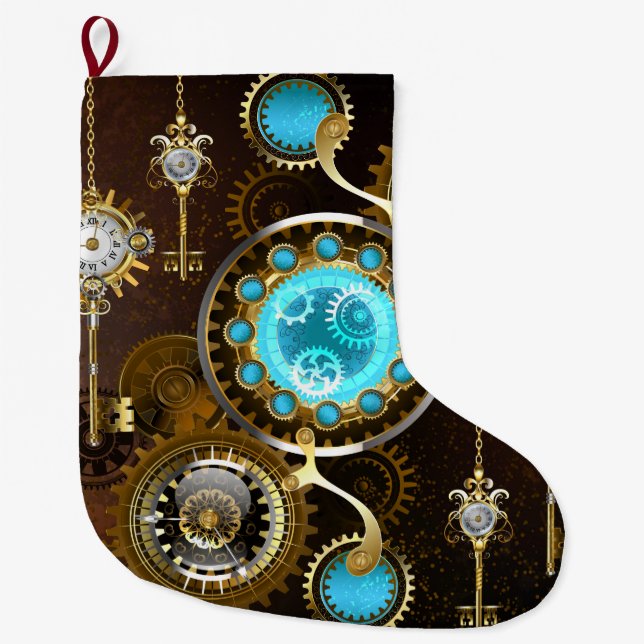 Steampunk Rusty Background with Turquoise Lenses Large Christmas Stocking (Front)