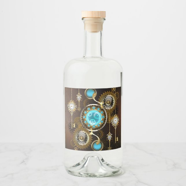 Steampunk Rusty Background with Turquoise Lenses Liquor Bottle Label (Front)