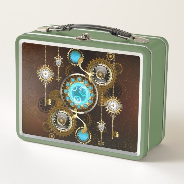 Steampunk Rusty Background with Turquoise Lenses Metal Lunch Box (Front)