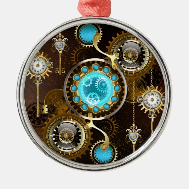 Steampunk Rusty Background with Turquoise Lenses Metal Ornament (Front)