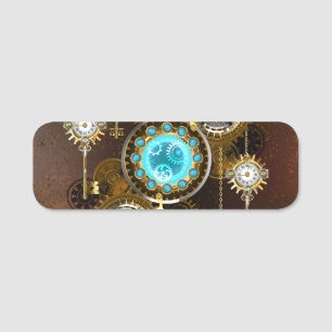 Steampunk Rusty Background with Turquoise Lenses Name Tag