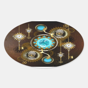 Steampunk Rusty Background with Turquoise Lenses Oval Sticker
