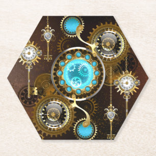 Steampunk Rusty Background with Turquoise Lenses Paper Coaster