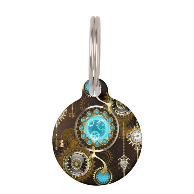 Steampunk Rusty Background with Turquoise Lenses Pet Tag (Front)