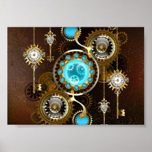 Steampunk Rusty Background with Turquoise Lenses Poster