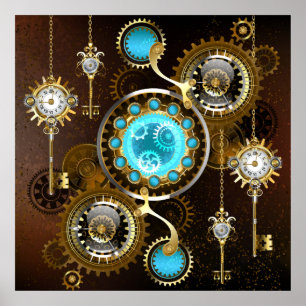 Steampunk Rusty Background with Turquoise Lenses Poster