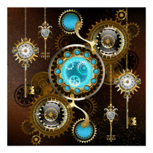 Steampunk Rusty Background with Turquoise Lenses Poster
