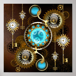 Steampunk Rusty Background with Turquoise Lenses Poster