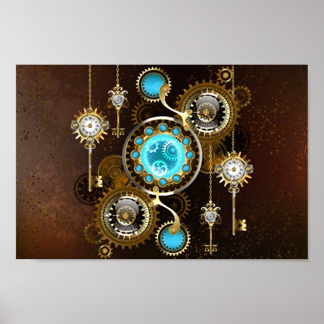 Steampunk Rusty Background with Turquoise Lenses Poster (Front)