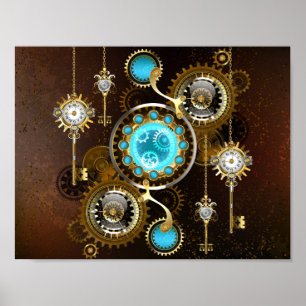 Steampunk Rusty Background with Turquoise Lenses Poster