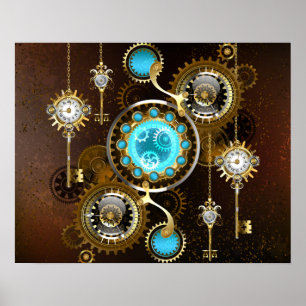 Steampunk Rusty Background with Turquoise Lenses Poster