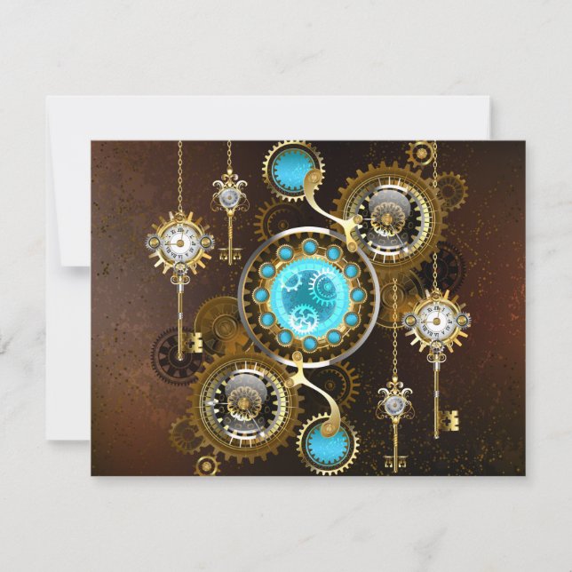 Steampunk Rusty Background with Turquoise Lenses RSVP Card (Front)