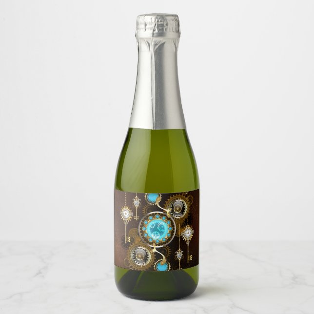 Steampunk Rusty Background with Turquoise Lenses Sparkling Wine Label (Front)