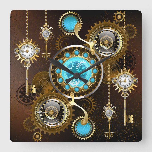 Steampunk Rusty Background with Turquoise Lenses Square Wall Clock (Front)