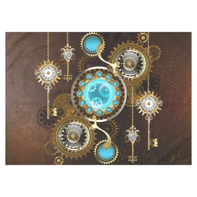 Steampunk Rusty Background with Turquoise Lenses Tablecloth (Front (Horizontal))