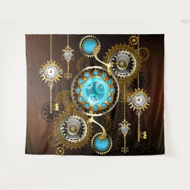 Steampunk Rusty Background with Turquoise Lenses Tapestry (Front (Horizontal))