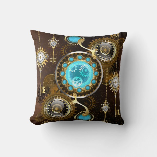 Steampunk Rusty Background with Turquoise Lenses Throw Pillow (Front)