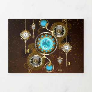 Steampunk Rusty Background with Turquoise Lenses Tri-Fold Announcement