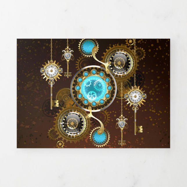 Steampunk Rusty Background with Turquoise Lenses Tri-Fold Announcement (Cover)