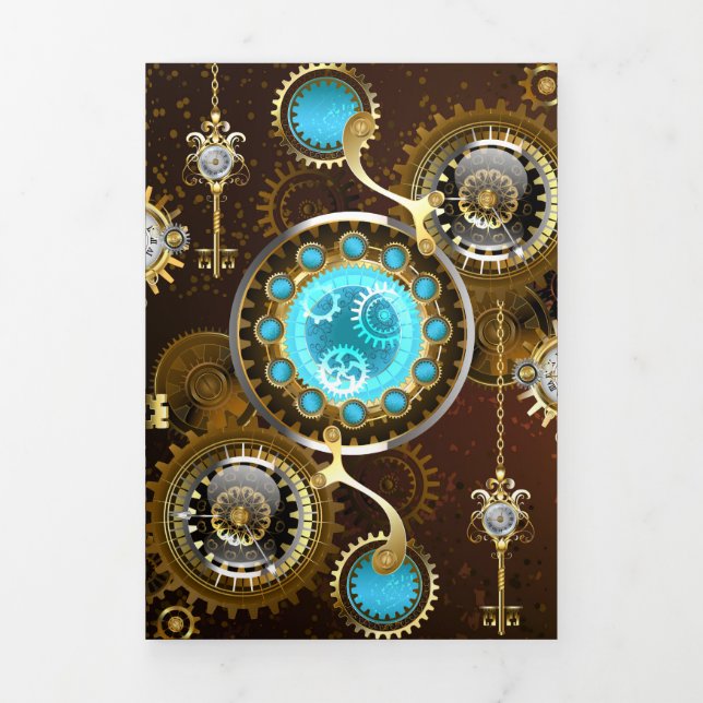 Steampunk Rusty Background with Turquoise Lenses Tri-Fold Invitation (Cover)
