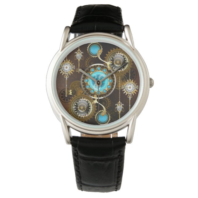 Steampunk Rusty Background with Turquoise Lenses Watch (Front)