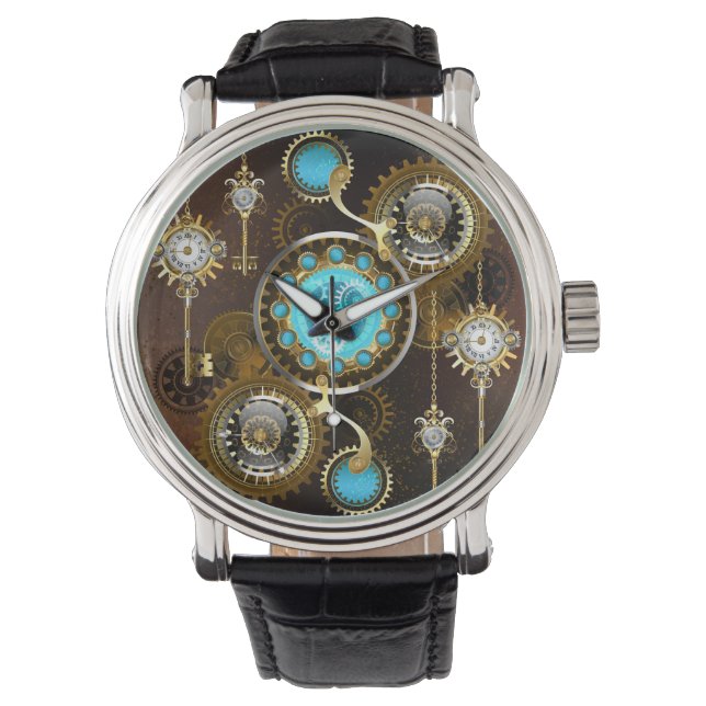 Steampunk Rusty Background with Turquoise Lenses Watch (Front)