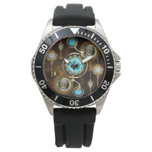 Steampunk Rusty Background with Turquoise Lenses Watch