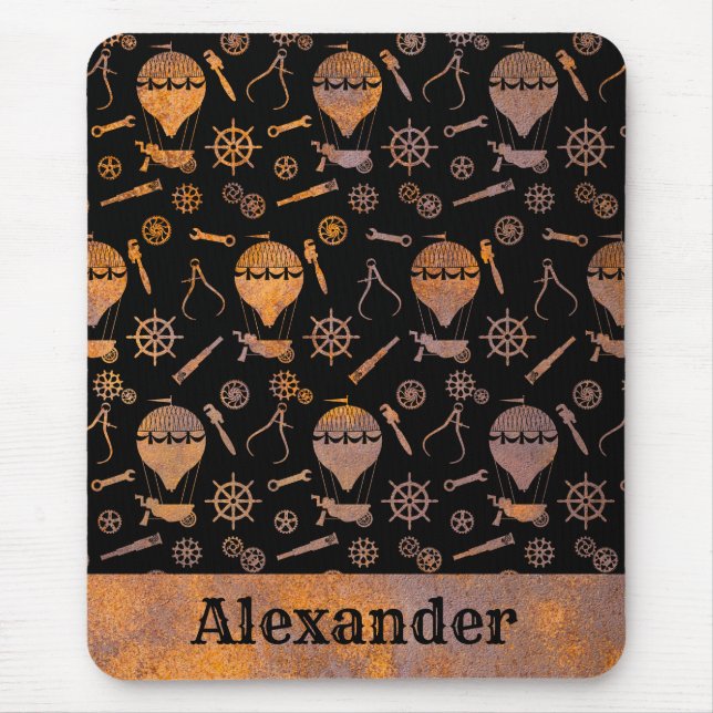Steampunk Rusty Balloon Theme Custom Name Mouse Pad (Front)