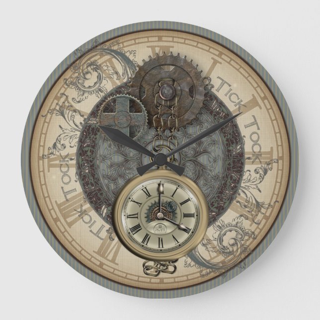 Steampunk Rusty Cogs And Pocket Watch Illustration Large Clock (Front)