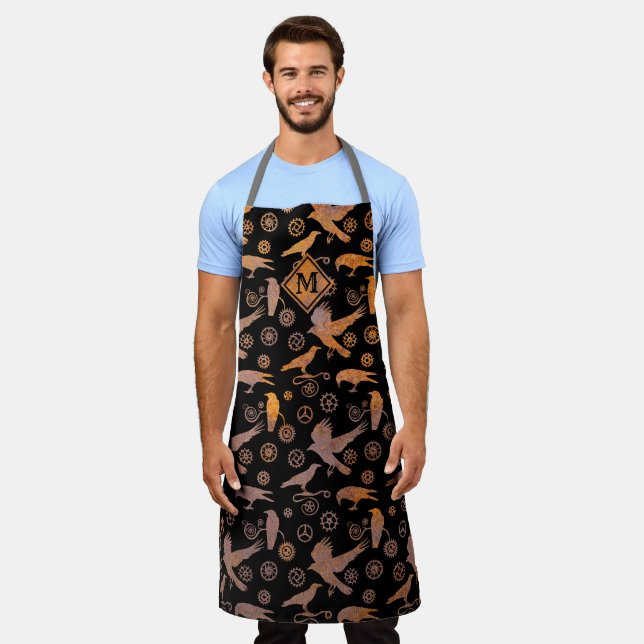 Steampunk Rusty Gears and Crows Monogram Apron (Worn)