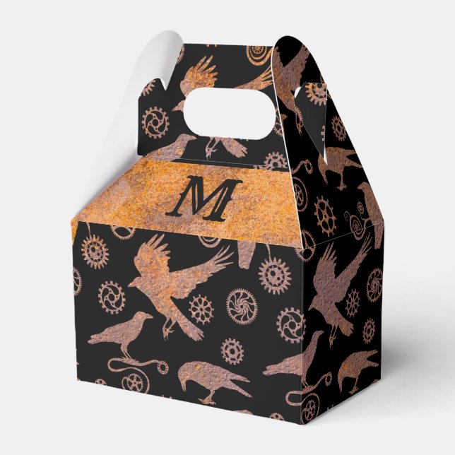 Steampunk Rusty Gears and Crows Monogram Gable Favor Box (Front Side)