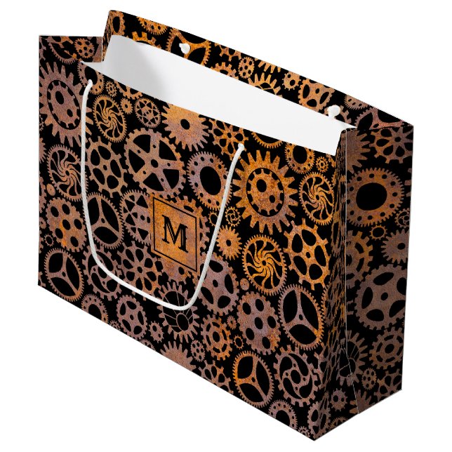Steampunk Rusty Gears Custom Monogram Block Large Gift Bag (Front Angled)