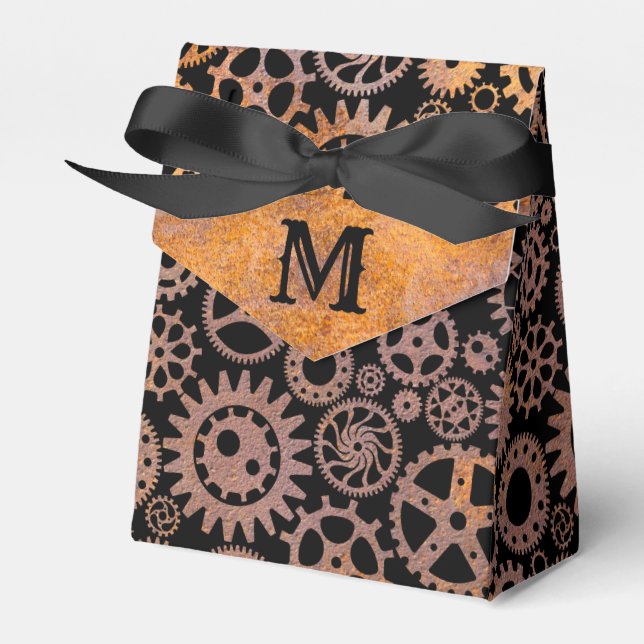 Steampunk Rusty Gears Custom Monogram Favor Box (Front Side)