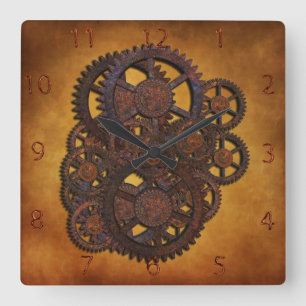 Steampunk Rusty Gears Square Wall Clock