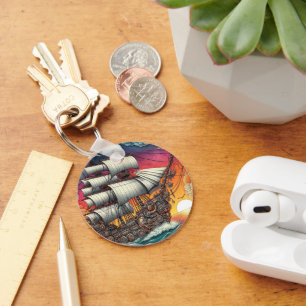 STEAMPUNK SAILING SHIP SUNSET KEYCHAIN