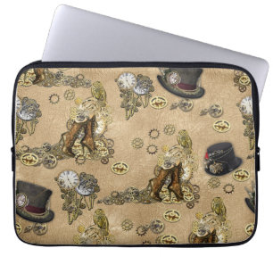 Steampunk Sculptures on Tan Leather Texture Laptop Sleeve