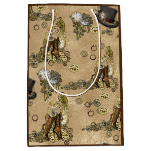 Steampunk Sculptures on Tan Leather Texture Medium Gift Bag